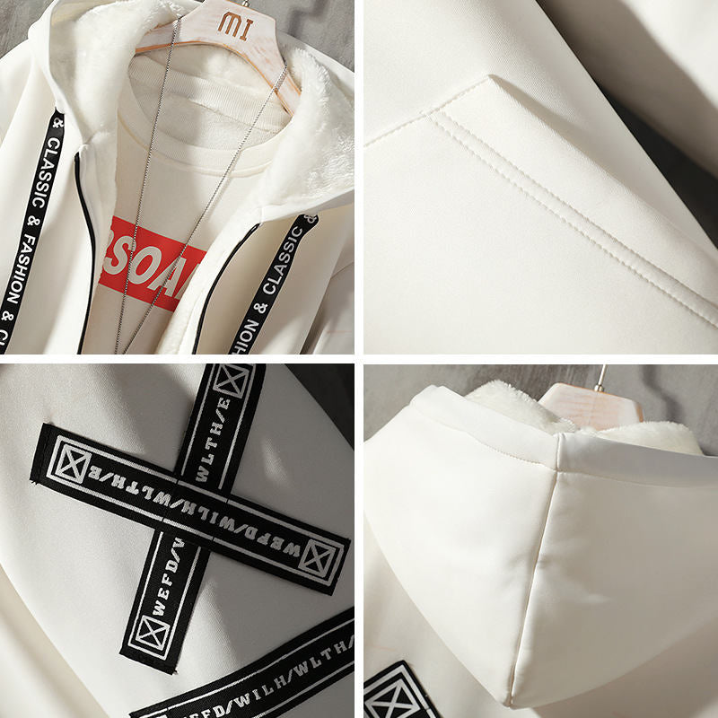 Beakey Hooded Windbreaker for Men Print Harajuku Zipper Long Jacket-White