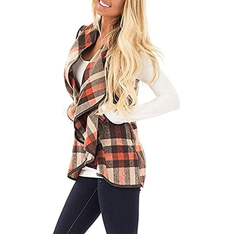 Beakey Womens Casual Lapel Open Front Plaid Vest Cardigan with Pockets-Khaki