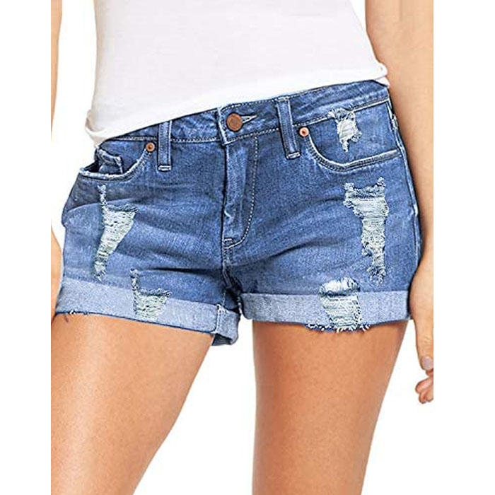Beakey Women's Ripped Jean Shorts Mid Rise Stretchy Folded Hem Hot Pants-Blue-UX11323