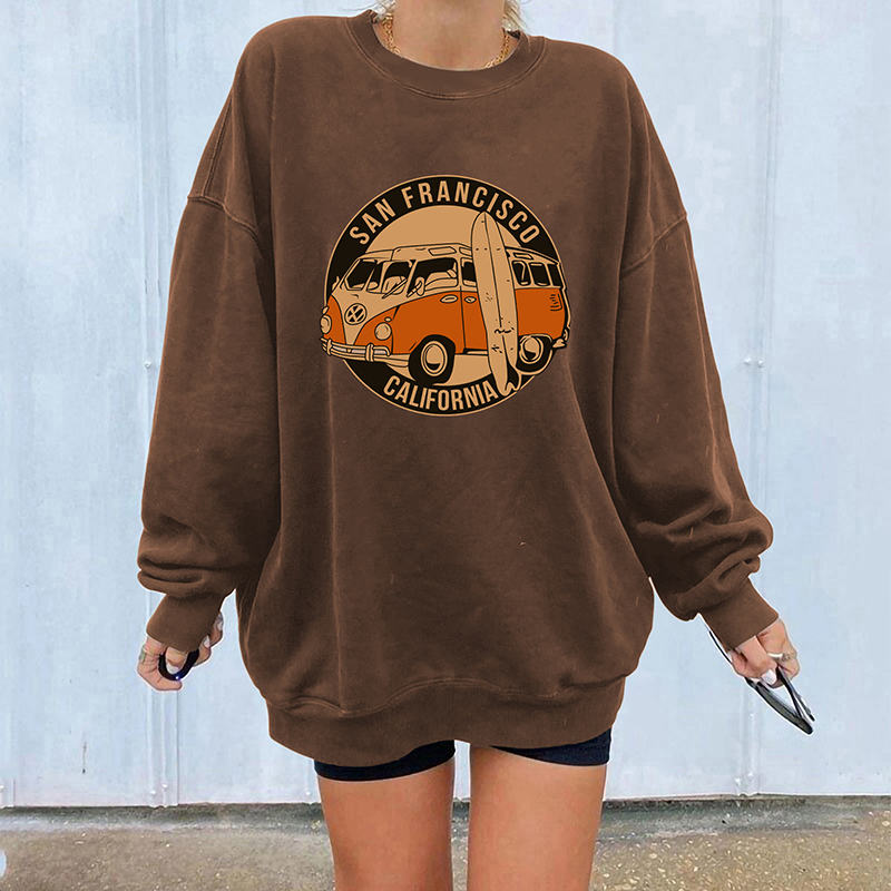 Beakey Vintage Sweatshirt for Women Bus Graphic Crewneck Fleece Pullover-Coffee