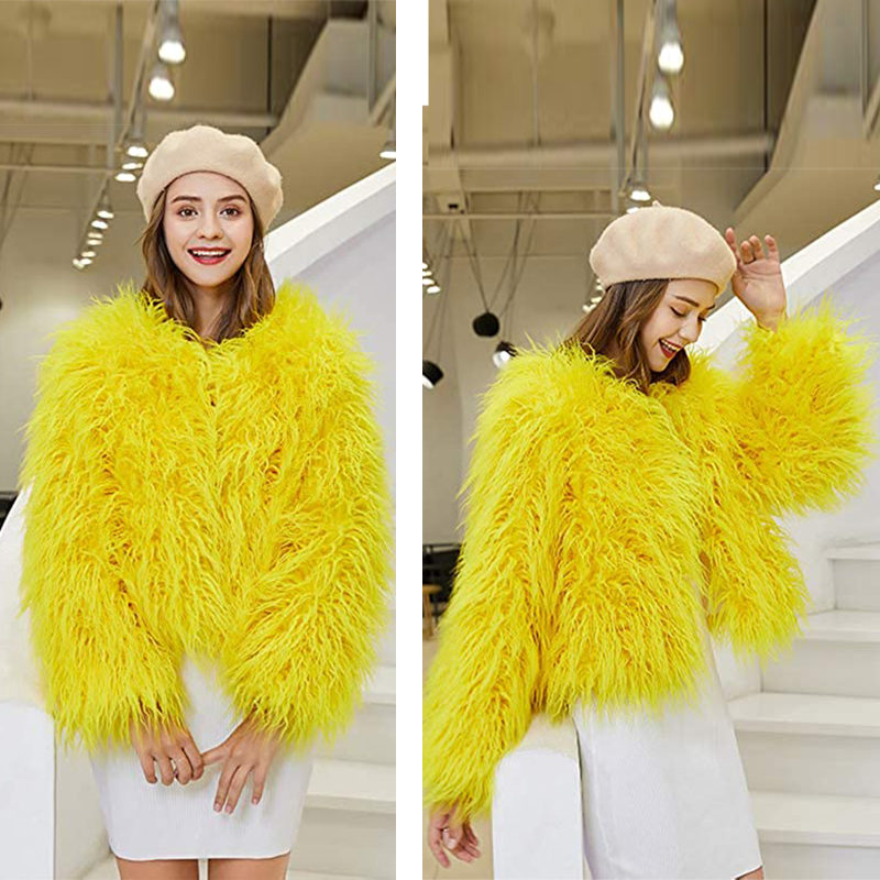 Beakey Womens Shaggy Faux Fur Outwear Short Thermal Coat-Yellow