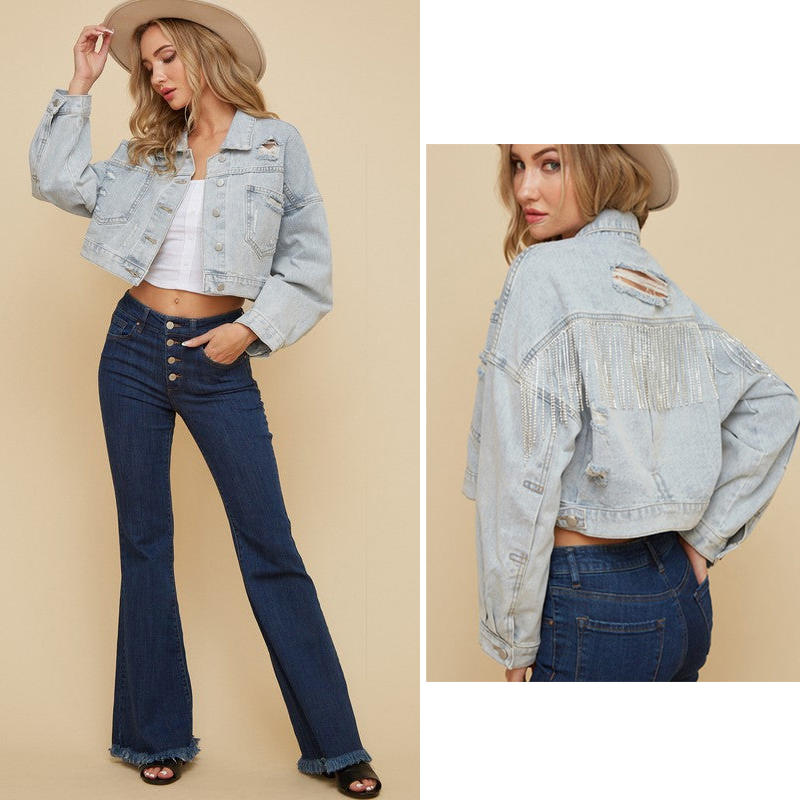 Beakey Womens Denim Jacket with Fringe Rhinestones Crop Casual Coat-LightBlue