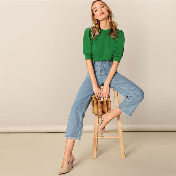 Beakey Women's Unique Puff Sleeve Casual Solid Top Pullover Keyhole Back Blouse-Green-8821