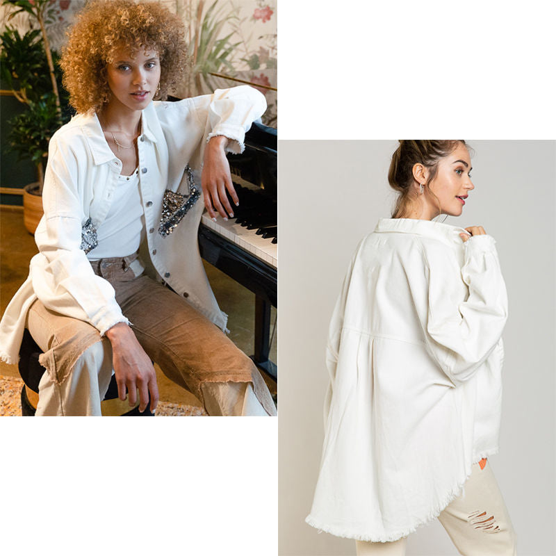 Beakey Sequins Denim Jacket for Women Oversized Distressed Jean Outwear-White