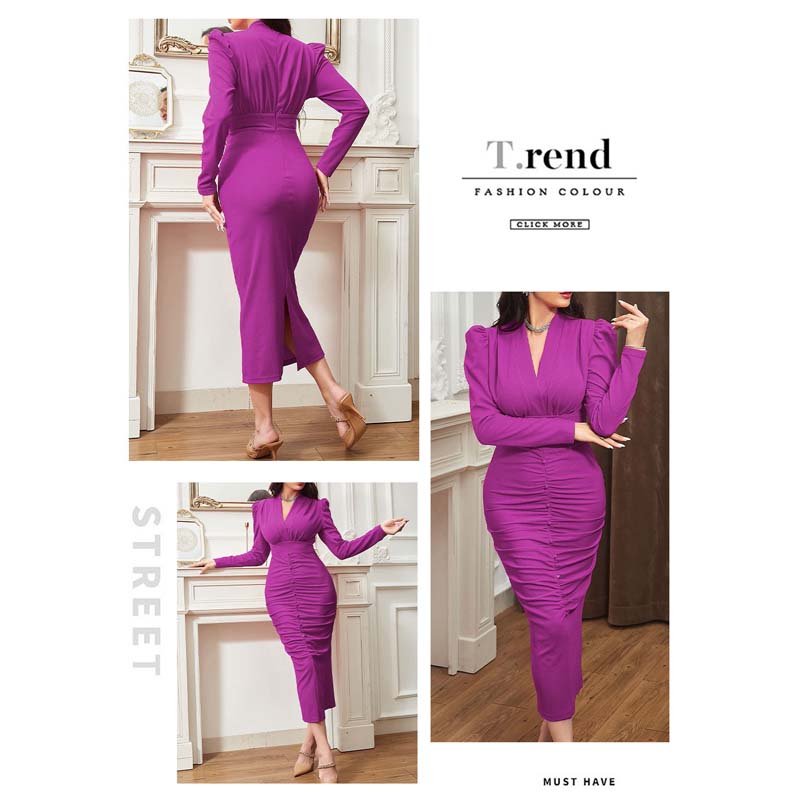 Beakey Womens Long Sleeved V Neck Wrap Dress Ruched Bodycon for Party