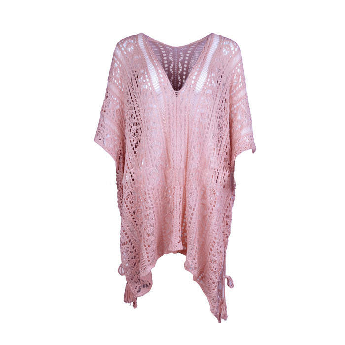 Beakey Women's Swimsuit Beach Bikini Loose Blouse Knitted Blouse Stylish Beach Cover up-Light Pink