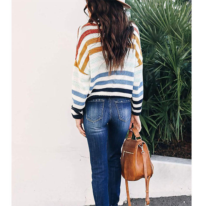 Beakey Women Sweaters Long Sleeve Crew Neck Striped Oversized Casual Knitted Tops-Navy-F80134