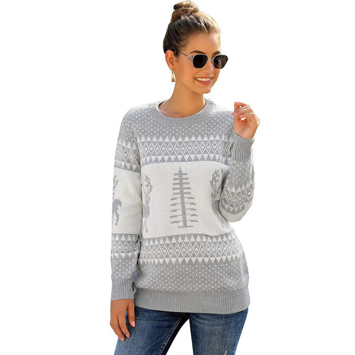 Beakey Women Long Sleeve Christmas Tree Reindeer Holiday Knit Sweater Pullover-Gray-CFB0032