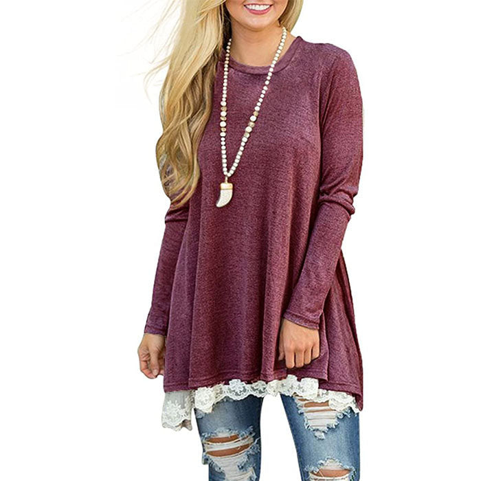 Beakey Women's Crew Neck Long Sleeve Lace Splicing Shirt Long Tunic Blouses-Wine Red-1228
