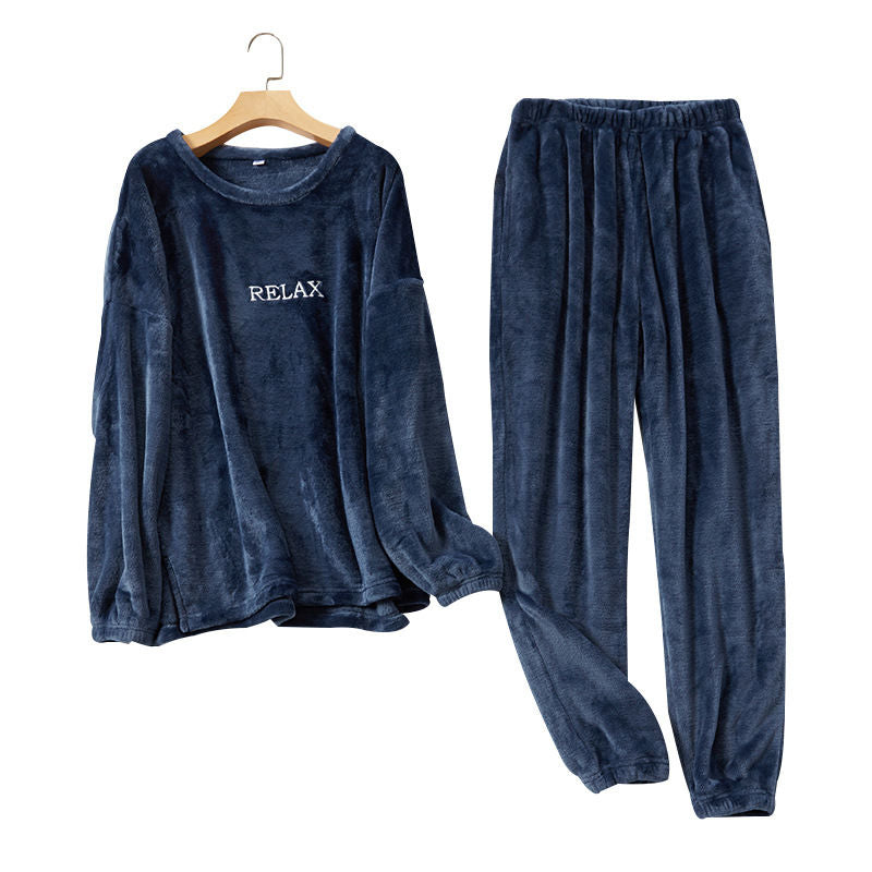 Beakey Crew Neck Flannel Pajamas Set for Women-Navy Blue