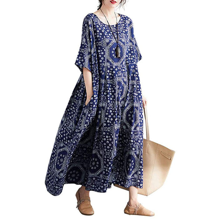 Beakey Casual Cotton Dress Women Linen Print Spliced Round Neck Literature And Art Maxi Dress