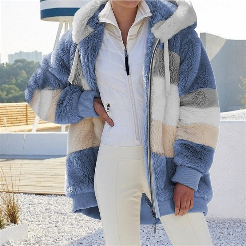 Beakey Womens Warm Plush Hooded Cardigan Full Zip Colorblock Jacket-Blue