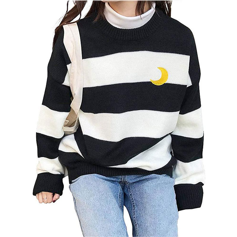 Beakey Womens Kawaii College Style Sweater Contrast Striped Moon Pullover-Black