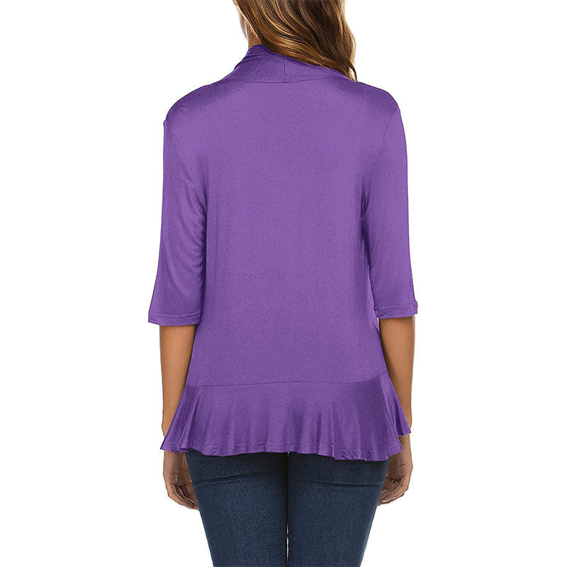 Beakey Women's Open Front Cardigan 3/4 Sleeve Draped Ruffles Soft Knit Sweaters-Purple-8012