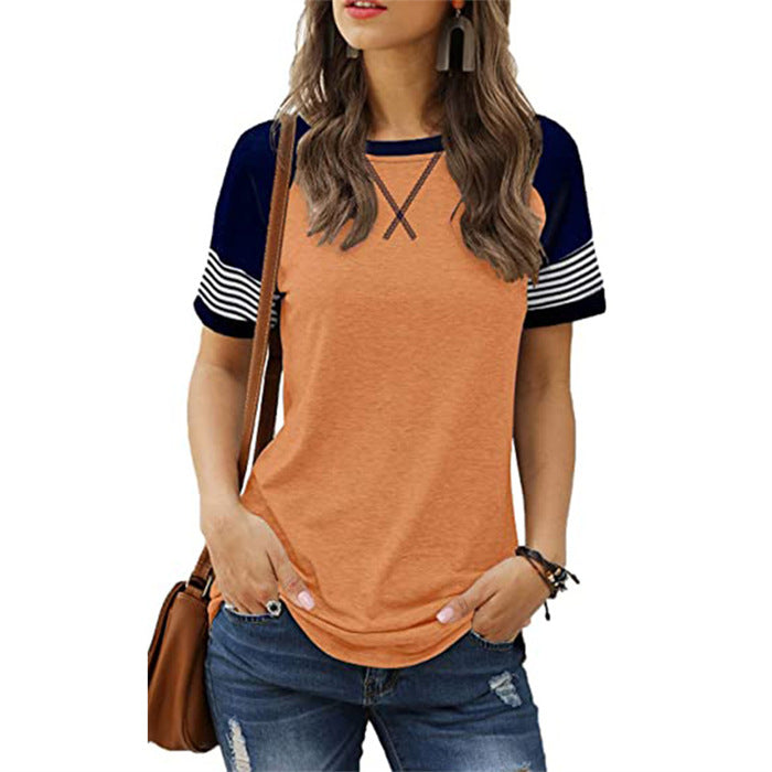 Beakey Womens T Shirts Round Neck Short Sleeve Striped Color Block Casual Tops-Orange-025