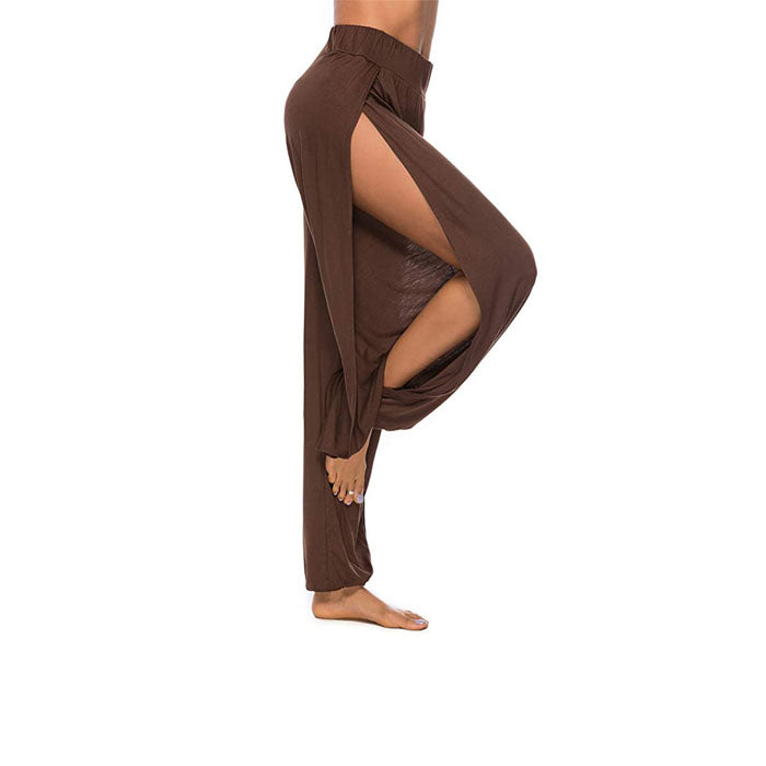 Beakey Women's Yoga Harem Pants Casual Loose Side Slit Hippie Long Pants-Brown-8006
