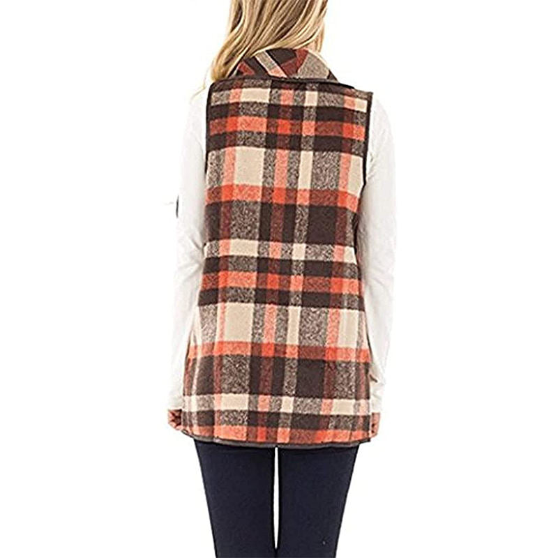 Beakey Womens Casual Lapel Open Front Plaid Vest Cardigan with Pockets-Khaki