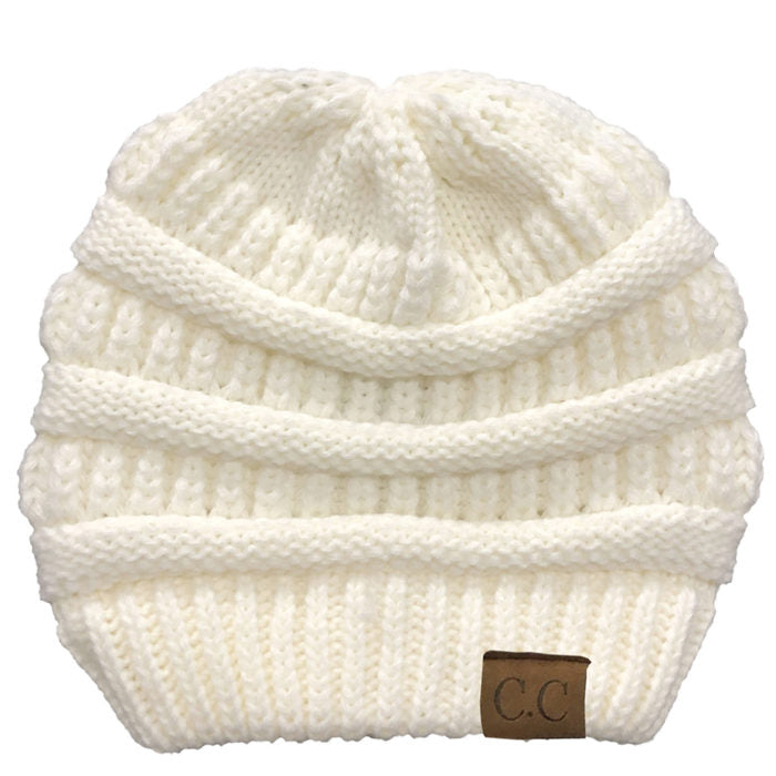 Beakey Soft Stretch Cable Knit Hat Ponytail Beanie Winter Hat For Women-White