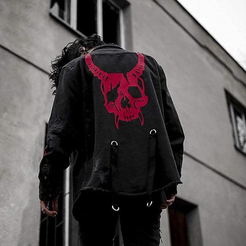 Beakey Mens Denim Jacket Distressed Ripped Hip Hop Outwear Oversized-Skull