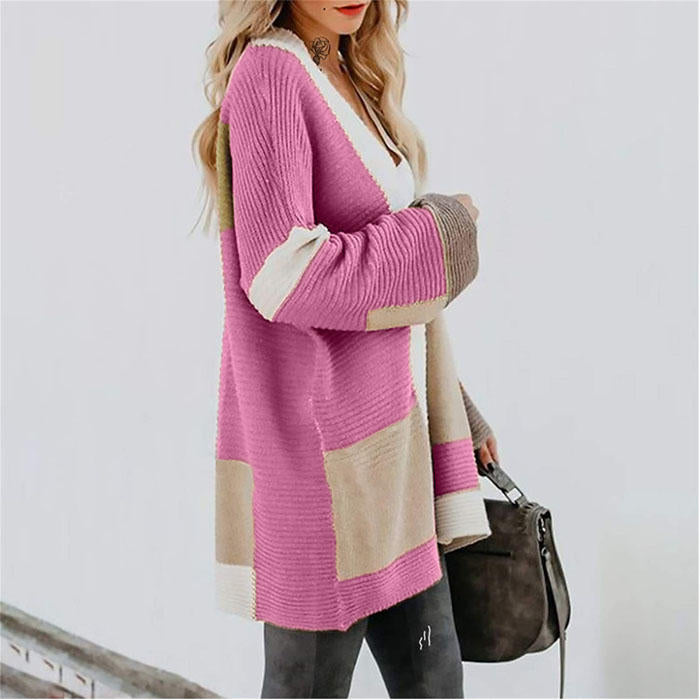 Beakey Womens Color Block Cardigan Open Front Sweaters Loose Knit Casual Coat-Rose Red-AL6009