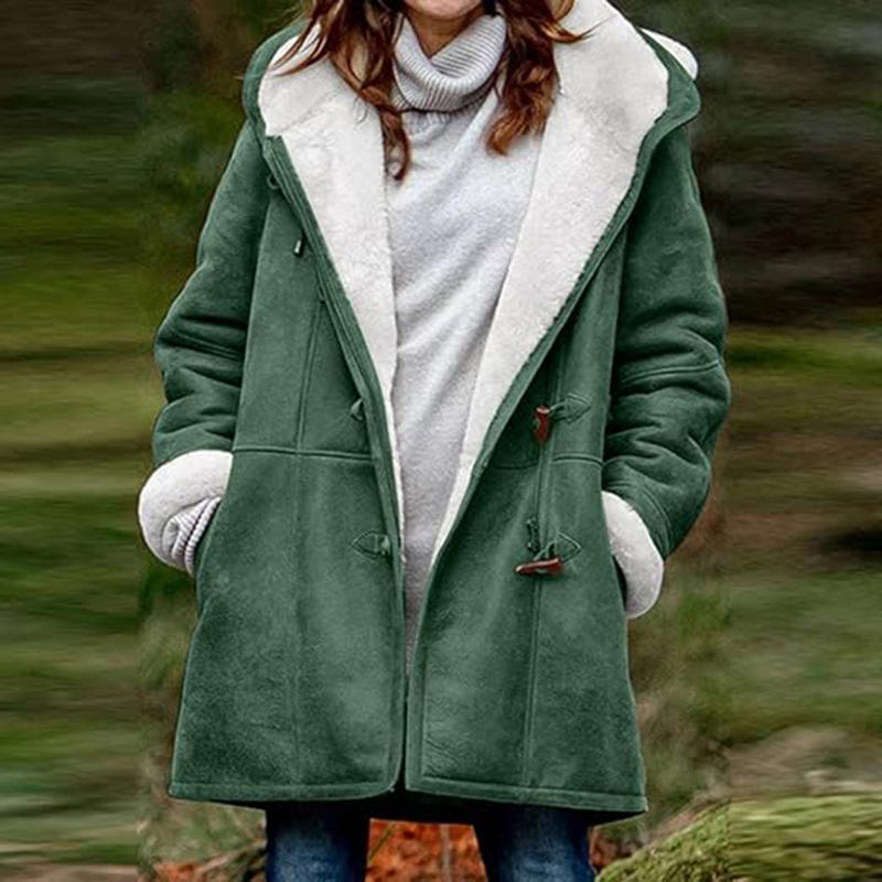 Beakey Fleece Jackets for Women Horn Button Winter Hooded Outwear-Grass Green