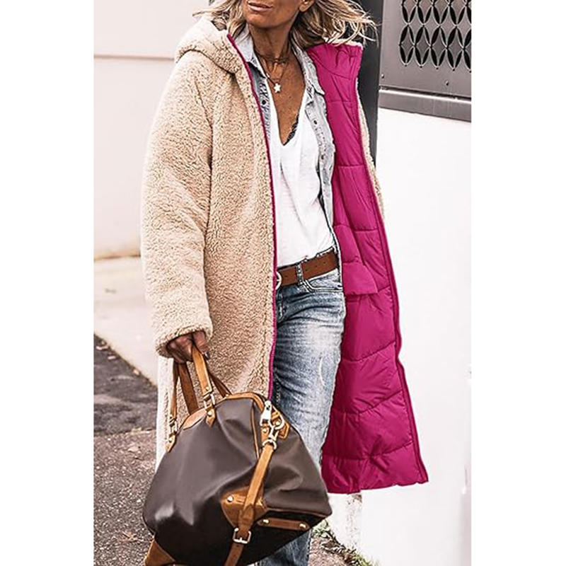 Beakey Womens Long Coats with Hood Fleece Lining Oversized Jackets-Rose Red
