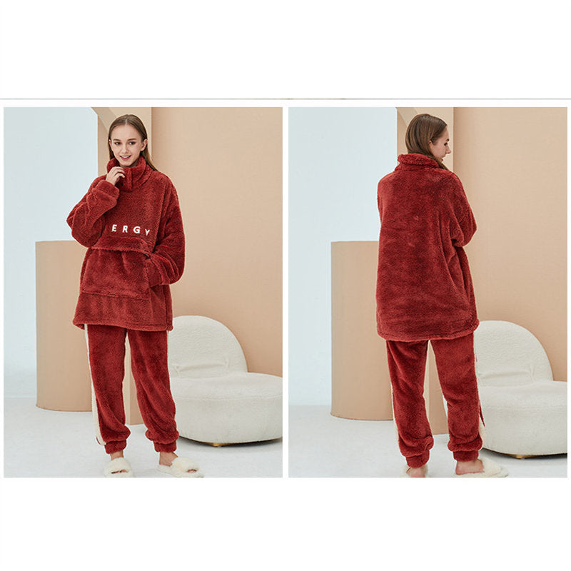 Beakey Thickening Coral Fleece Pajamas Set for Women-Red