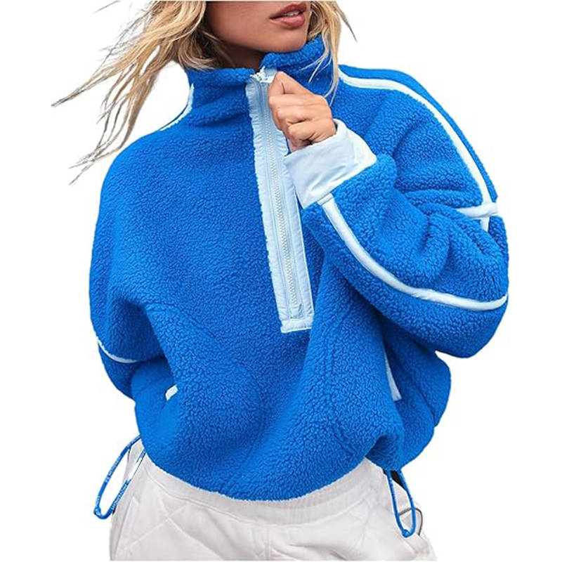 Beakey Womens Fleece Sweatshirts Half Zip Workout Crop Tops with Pockets-Blue