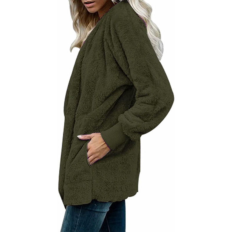 Beakey Womens Long Sleeve Fuzzy Fleece Jacket Hooded Cardigan Coat with Pockets-Army Green