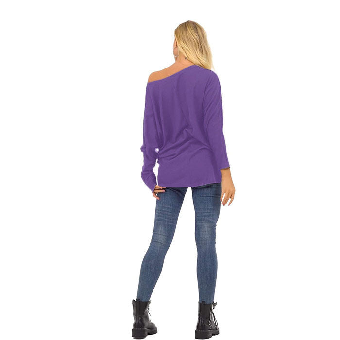 Beakey Women's Batwing Sleeve Off Shoulder Oversized Baggy Tops Casual Sweater-Violet-8889