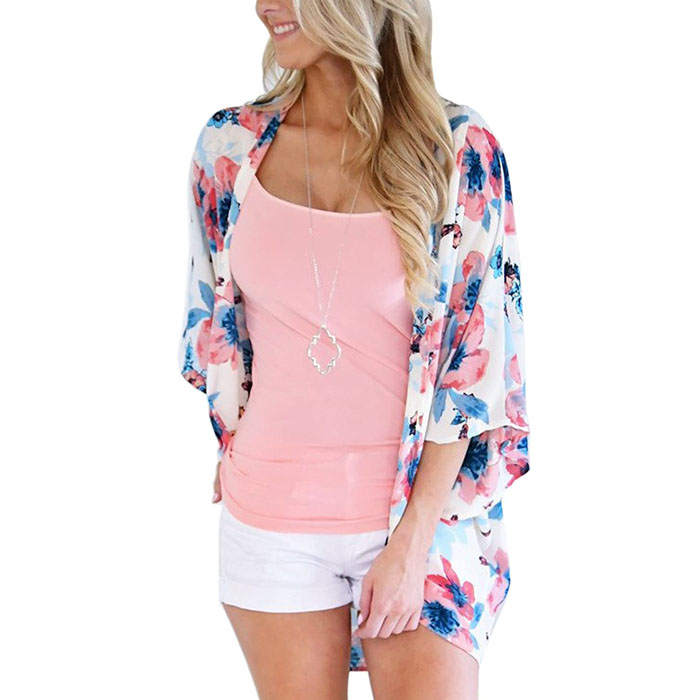 Beakey Women's Summer Floral Print Kimonos Loose Half Sleeve Chiffon Cardigan Blouses Casual Cover Up - Pink Blue