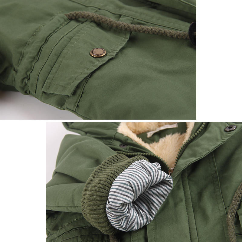 Beakey Kids Winter Jacket with Hood & Pockets Fleece Lining Outwear-Army Green