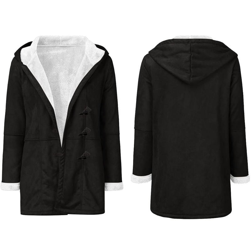 Beakey Fleece Jackets for Women Horn Button Winter Hooded Outwear-Black
