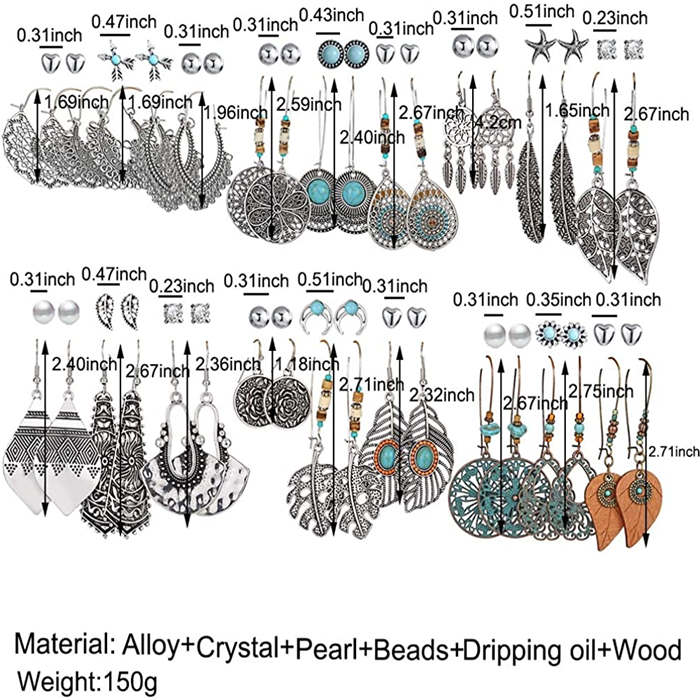 Beakey 36 Pairs Fashion Hollow Drop Dangle Earrings Set Bohemian National Style Eardrop With Bronze-Silver Series