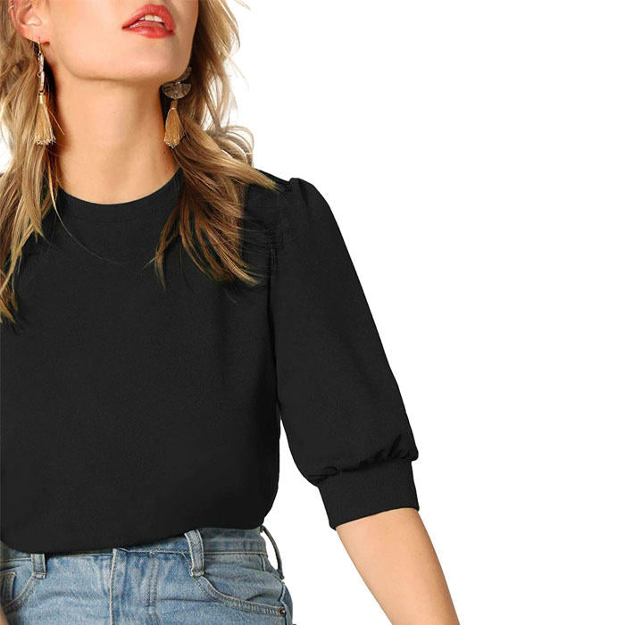 Beakey Women's Unique Puff Sleeve Casual Solid Top Pullover Keyhole Back Blouse-Black-8821