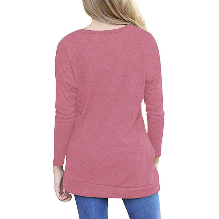 Beakey Women's Casual Long Sleeve Round Neck Loose T Shirt Blouse Tops-Pink-88041