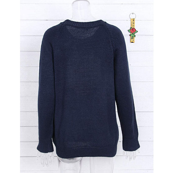 Beakey Women Cute Sweaters Heart Crewneck Long Sleeve Knitted Pullover Sweater-Navy-118004