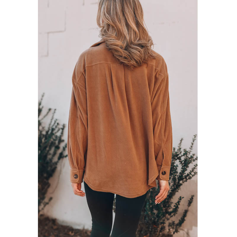 Beakey Womens Fleece Long Sleeved Shirt Casual Boyfriend Blouse Top-Caramel