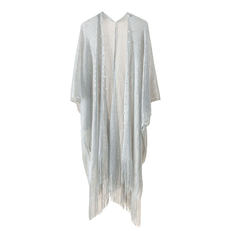 Beakey Womens Tassel Long Kimono Cardigans Beach Swimsuit Bikini Cover Up-Silver