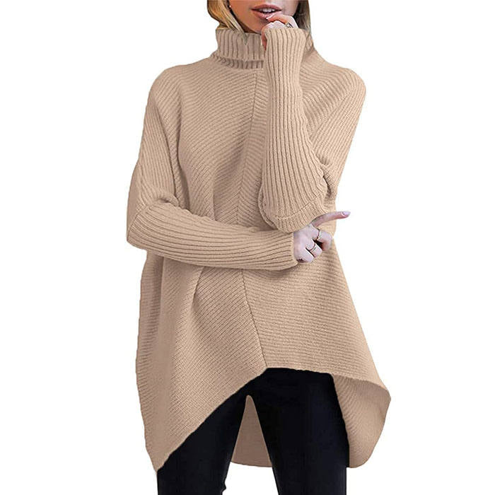 Beakey Womens Turtleneck Long Sweater Batwing Sleeve Asymmetric Hem Pullover Knit Tops-Apricot-YY528