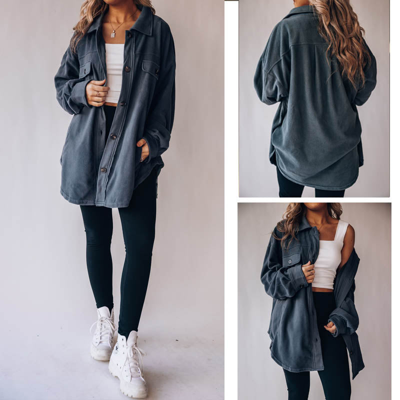 Beakey Womens Fleece Long Sleeved Shirt Casual Boyfriend Blouse Top-Navy