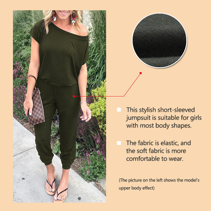 Beakey Women's Loose Solid Off Shoulder Elastic Waist Stretchy Long Romper Jumpsuit with Pockets - Army Green