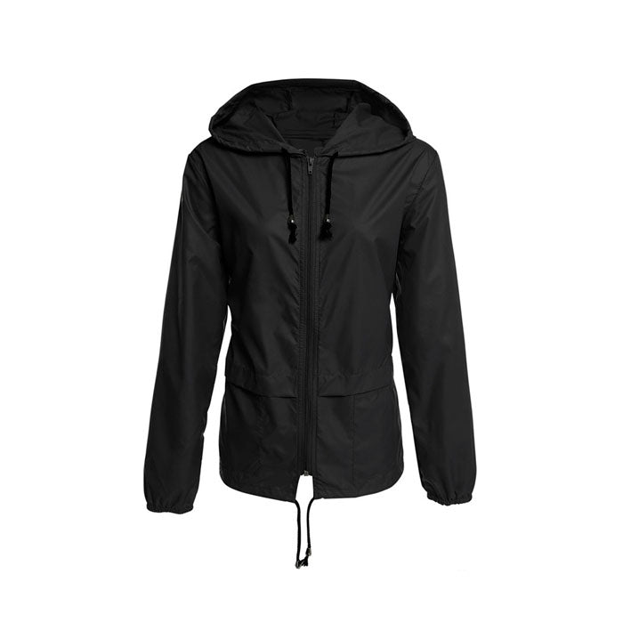 Beakey Women Lightweight Waterproof Raincoat Packable Outdoor Hooded Windbreaker-Black-AL1064