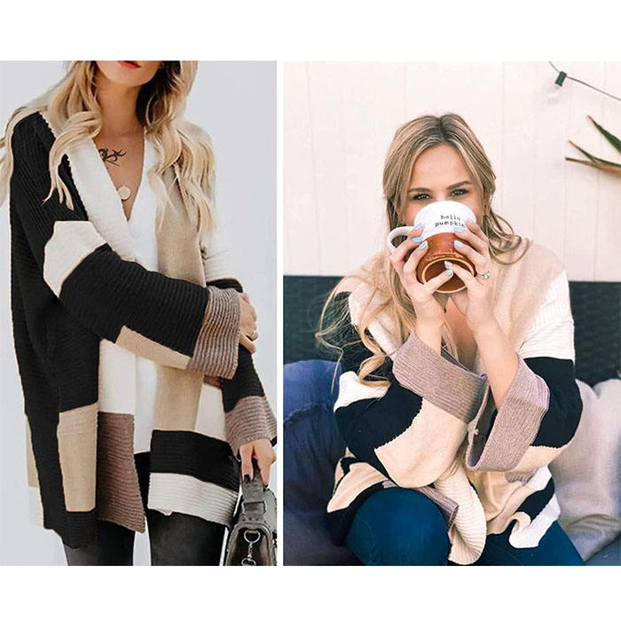 Beakey Womens Color Block Cardigan Open Front Sweaters Loose Knit Casual Coat-Black-AL6009