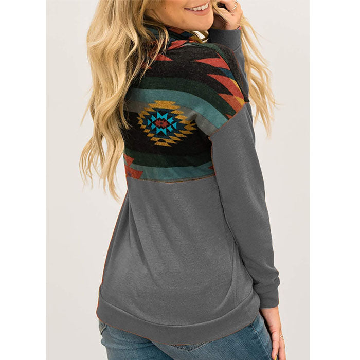 Beakey Women Turtleneck Color Block Pullover Sweatshirt Tops With Pockets-Gray-HY201028
