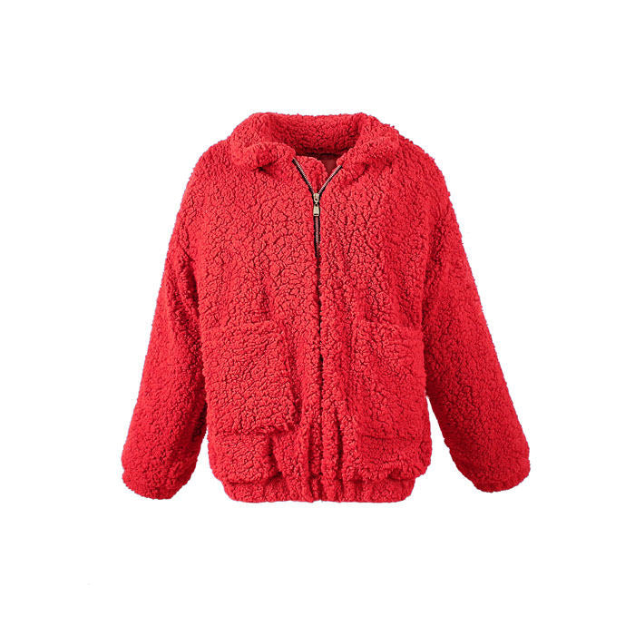 Beakey Women's Lapel Zip Up Coat Faux Shearling Shaggy Oversized  Jacket Warm Winter-Red-T0647