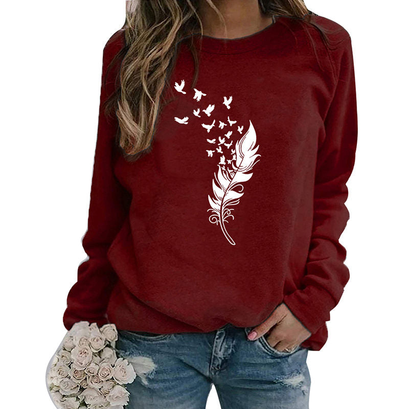 Beakey Womens Casual Long Sleeve T-Shirt Crew Neck Pullover-WineRed White