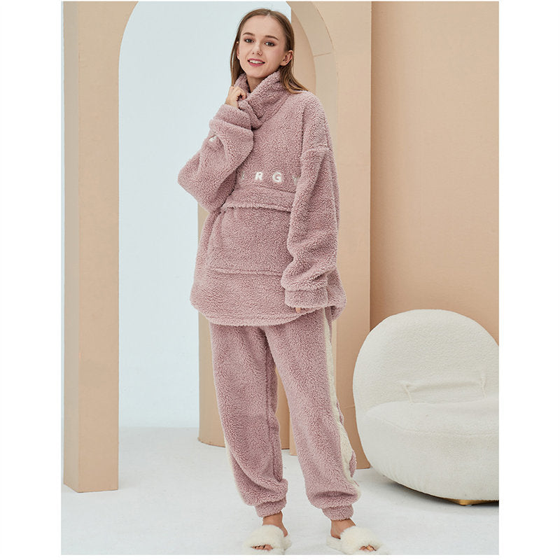 Beakey Thickening Coral Fleece Pajamas Set for Women-Pink