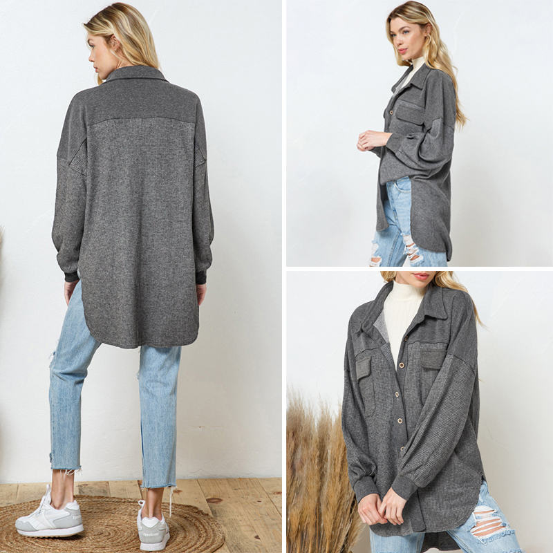 Beakey Womens Waffle Shirts Button Down Long Sleeve Oversized Blouse