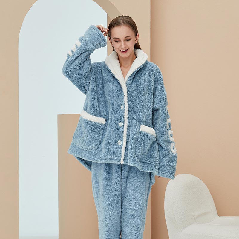 Beakey Womens Winter Fleece Pajamas Set Warm Loungewear-Haze Blue